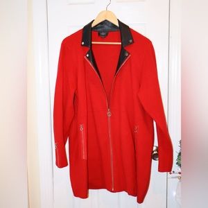 Red sweater with faux leather trimmings